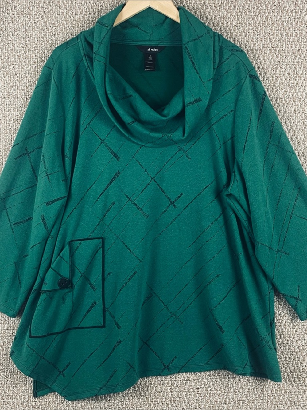 Ali Miles Tunic Women 2X Artsy Button Green Black Cowl Collar Statement F422